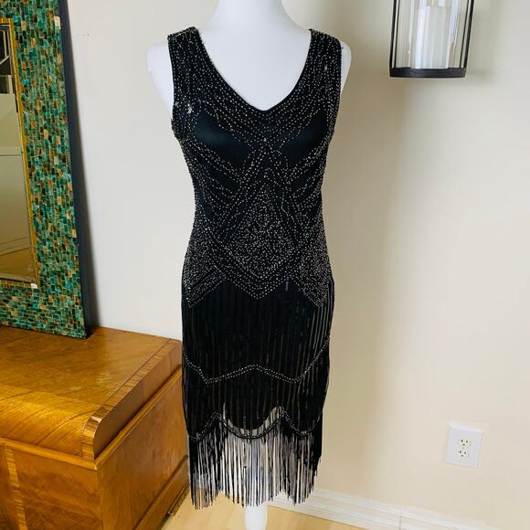 Vintage Size M Beaded Sequin Fringed Flapper Dress Black 20s Party - Picture 8 of 10